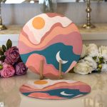 Realhomes Pastel Renkli Zeminli Ay Güneş Temalı Dijital Baskılı Modern 2'li Yuvarlak Servis Altlığı - Supla Realhomes