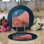 - Supla2li-7593-Gorsel1 - Realhomes  Realhomes Renkli Zemin Üzerinde Pastel Renkli Yaprak Desenli Modern 2'li Yuvarlak Servis Altlığı - Supla Realhomes