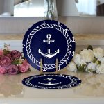 Realhomes Renkli Zemin Üzerinde Modern Çapa Desenli 2'li Yuvarlak Servis Altlığı - Supla Realhomes