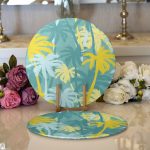 - Supla2li-7897-Gorsel1 - Realhomes  Realhomes Renkli Zemin Üzerinde Soyut Çizimli Palmiyeler Modern 2'li Yuvarlak Servis Altlığı - Supla Realhomes