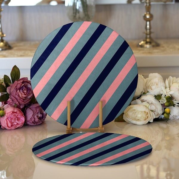 Realhomes Renkli Zemin Üzerinde Pastel Renkli Yatay Çizgili Modern 2'li Yuvarlak Servis Altlığı - Supla Realhomes