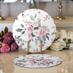 - Supla2li-8004-Gorsel1 - Realhomes  Pembe Beyaz Gül Gri Yapraklar Desenli Dijital Baskılı Modern 2'li Yuvarlak Servis Altlığı - Supla Realhomes