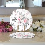 - Supla2li-8004-Gorsel3 - Realhomes  Pembe Beyaz Gül Gri Yapraklar Desenli Dijital Baskılı Modern 2'li Yuvarlak Servis Altlığı - Supla Realhomes