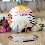 - Supla2li-8029-Gorsel1 - Realhomes Realhomes Beyaz Zemin Üzerinde Pastel Renkli Yaprak Desenli Modern 2'li Yuvarlak Servis Altlığı - Supla Realhomes