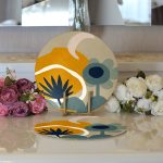 - Supla2li-8096-Gorsel3 - Realhomes Realhomes Renkli Zemin Üzerinde Yaprak Desenli Dijital Baskılı Modern 2'li Yuvarlak Servis Altlığı - Supla Realhomes