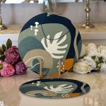 Realhomes Renkli Zemin Üzerinde Yaprak Desenli Dijital Baskılı Modern 2'li Yuvarlak Servis Altlığı - Supla Realhomes