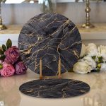 - Supla2li-8145-Gorsel1 - Realhomes  Realhomes Siyah Zemin Üzerinde Gold Detaylı Mermer Desenli Modern 2'li Yuvarlak Servis Altlığı - Supla Realhomes