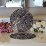 - Supla2li-8145-Gorsel3 - Realhomes  Realhomes Siyah Zemin Üzerinde Gold Detaylı Mermer Desenli Modern 2'li Yuvarlak Servis Altlığı - Supla Realhomes