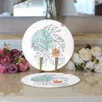 Realhomes Beyaz Zemin Üzerinde Yaprak Desenli Dijital Baskılı Modern 2'li Yuvarlak Servis Altlığı - Supla Realhomes