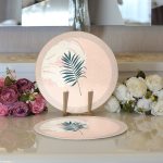 - Supla2li-8168-Gorsel3 - Realhomes Realhomes Pastel Zemin Üzerinde Yaprak Desenli Dijital Baskılı Modern 2'li Yuvarlak Servis Altlığı - Supla Realhomes