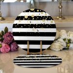 Realhomes Beyaz Zemin Üzerinde Siyah Çizgili Gold Detaylı Modern 2'li Yuvarlak Servis Altlığı - Supla Realhomes