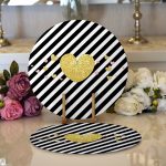 Realhomes Beyaz Zemin Üzerinde Siyah Yatay Çizgili Gold Detaylı Kalp Desenli 2'li Yuvarlak Servis Altlığı - Supla Realhomes