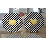 Realhomes Beyaz Zemin Üzerinde Siyah Yatay Çizgili Gold Detaylı Kalp Desenli 2'li Yuvarlak Servis Altlığı - Supla Realhomes