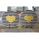 Realhomes Beyaz Zemin Üzerinde Siyah Yatay Çizgili Gold Detaylı Kalp Desenli 2'li Yuvarlak Servis Altlığı - Supla Realhomes