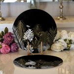 - Supla2li-8290-Gorsel1 - Realhomes Realhomes Siyah Zemin Üzerinde Gold Detaylı Yaprak Desenli Modern 2'li Yuvarlak Servis Altlığı - Supla Realhomes