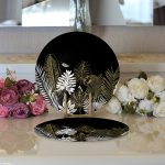 - Supla2li-8290-Gorsel3 - Realhomes Realhomes Siyah Zemin Üzerinde Gold Detaylı Yaprak Desenli Modern 2'li Yuvarlak Servis Altlığı - Supla Realhomes