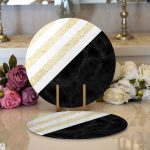 - Supla2li-8291-Gorsel1 - Realhomes Realhomes Beyaz Zemin Üzerinde Siyah Mermer Detaylı Gold Yatay Çizgili 2'li Yuvarlak Servis Altlığı - Supla Realhomes