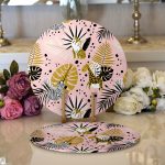 Realhomes Pastel Zemin Üzerinde Gold Detaylı Yaprak Desenli Modern 2'li Yuvarlak Servis Altlığı - Supla Realhomes