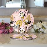 Realhomes Pastel Zemin Üzerinde Gold Detaylı Yaprak Desenli Modern 2'li Yuvarlak Servis Altlığı - Supla Realhomes