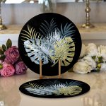 Realhomes Siyah Zemin Üzerinde Yaprak Desenli Dijital Baskılı Modern 2'li Yuvarlak Servis Altlığı - Supla Realhomes