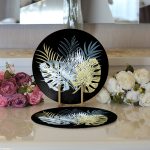 Realhomes Siyah Zemin Üzerinde Yaprak Desenli Dijital Baskılı Modern 2'li Yuvarlak Servis Altlığı - Supla Realhomes