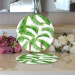 Realhomes Beyaz Zemin Üzerinde Yeşil Yaprak Desenli 2'li Yuvarlak Servis Altlığı - Supla Realhomes