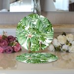 Realhomes Beyaz Zemin Üzerinde Yeşil Yaprak Desenli 2'li Yuvarlak Servis Altlığı - Supla Realhomes