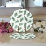 Realhomes Beyaz Zeminli Yeşi Yaprak Desenli Dijital Baskılı Modern 2'li Yuvarlak Servis Altlığı - Supla Realhomes