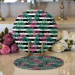 - Supla2li-8379-Gorsel1 - Realhomes  Realhomes Beyaz Zemin Üzerinde Siyah Beyaz Çizgili Yeşil Yaprak Desenli 2'li Yuvarlak Servis Altlığı - Supla Realhomes