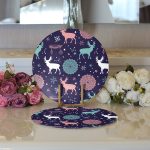 Realhomes Renkli Zemin Üzerinde Geyik Desenli Dijital Baskılı Modern 2'li Yuvarlak Servis Altlığı - Supla Realhomes