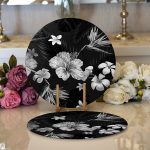 Realhomes Siyah Zeminli Beyaz Çiçek Desenli Dijital Baskılı Modern 2'li Yuvarlak Servis Altlığı - Supla Realhomes