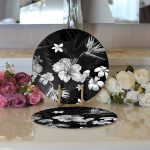 Realhomes Siyah Zeminli Beyaz Çiçek Desenli Dijital Baskılı Modern 2'li Yuvarlak Servis Altlığı - Supla Realhomes