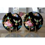 - Supla2li-8426-Gorsel2 - Realhomes  Realhomes Siyah Zemin Üzerinde Çiçek Desenli Kuş Figurlu Modern 2'li Yuvarlak Servis Altlığı - Supla Realhomes