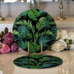 - Supla2li-8430-Gorsel1 - Realhomes  Realhomes Siyah Zemin Üzerinde Yeşil Yaprak Desenli 2'li Yuvarlak Servis Altlığı - Supla Realhomes