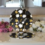 - Supla2li-8453-Gorsel3 - Realhomes Realhomes Siyah Zemin Üzerinde Gold Detaylı Yaprak Desenli Modern 2'li Yuvarlak Servis Altlığı - Supla Realhomes