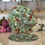 Realhomes Beyaz Zemin Üzerinde Yaprak Desenli Kiraz Motifli Modern 2'li Yuvarlak Servis Altlığı - Supla Realhomes