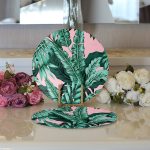 Realhomes Pastel Zeminli Yeşil Yaprak Desenli Dijital Baskılı Modern 2'li Yuvarlak Servis Altlığı - Supla Realhomes