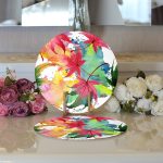 Realhomes Beyaz Zeminli Renkli Yaprak Desenli Dijital Baskılı Modern 2'li Yuvarlak Servis Altlığı - Supla Realhomes