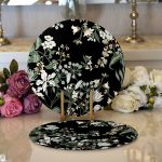 Realhomes Siyah Zeminli Beyaz Çiçek Desenli Dijital Baskılı Modern 2'li Yuvarlak Servis Altlığı - Supla Realhomes