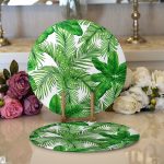 Realhomes Beyaz Zemin Üzerinde Yeşil Yaprak Desenli 2'li Yuvarlak Servis Altlığı - Supla Realhomes