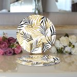 Realhomes Beyaz Zemin Üzerinde Gold Detaylı Yaprak Desenli Modern 2'li Yuvarlak Servis Altlığı - Supla Realhomes