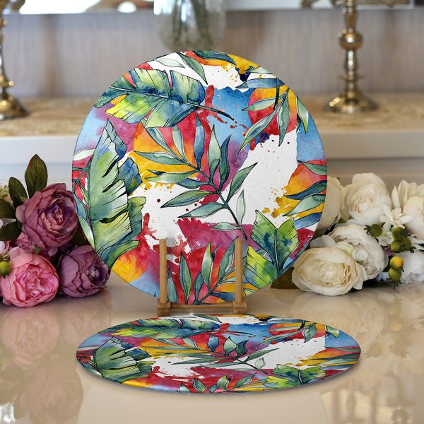 - Supla2li-8498-Gorsel1 - Realhomes  Realhomes Renkli Zemin Üzerinde Soyut Çizimli Yaprak Motifli Modern 2'li Yuvarlak Servis Altlığı - Supla Realhomes