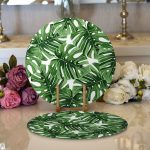 - Supla2li-8502-Gorsel1 - Realhomes  Realhomes Beyaz Zemin Üzerinde Yeşil Yaprak Desenli 2'li Yuvarlak Servis Altlığı - Supla Realhomes