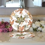 - Supla2li-8505-Gorsel3 - Realhomes Realhomes Beyaz Zeminli Sonbahar Yaprak Desenli Dijital Baskılı Modern 2'li Yuvarlak Servis Altlığı - Supla Realhomes