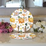 Realhomes Beyaz Zeminli Bal Kabağı Desenli Dijital Baskılı Modern 2'li Yuvarlak Servis Altlığı - Supla Realhomes