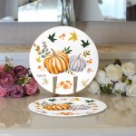 - Supla2li-8543-Gorsel3 - Realhomes  Realhomes Beyaz Zeminli Bal Kabağı Desenli Dijital Baskılı Modern 2'li Yuvarlak Servis Altlığı - Supla Realhomes