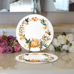 Realhomes Beyaz Zeminli Bal Kabağı Desenli Dijital Baskılı Modern 2'li Yuvarlak Servis Altlığı - Supla Realhomes