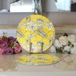 Realhomes Renkli Zeminli Beyaz Yaprak Desenli Dijital Baskılı Modern 2'li Yuvarlak Servis Altlığı - Supla Realhomes