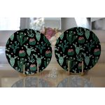 Realhomes Siyah Zemin Üzerinde Yeşil Kaktüs Desenli 2'li Yuvarlak Servis Altlığı - Supla Realhomes