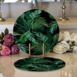- Supla2li-8570-Gorsel1 - Realhomes Realhomes Siyah Zemin Üzerinde Yeşil Yaprak Desenli 2'li Yuvarlak Servis Altlığı - Supla Realhomes